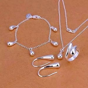 925 Silver Water Drop Necklace Earring Ring Bracelets  Set
